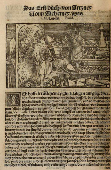 A manuscript page from Petrarch’s Remedies for Fortunes Fair and Foul includes an image of a bespectacled alchemist in singed garments working at a stove; his laboratory is crowded with vessels and instruments.