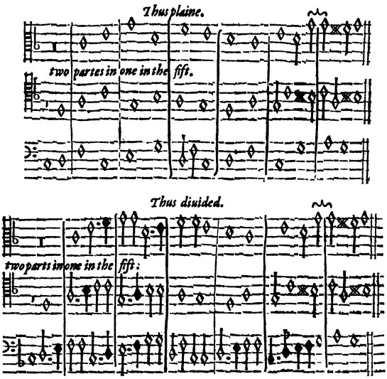 Musical notation from a manuscript page depicting Morley’s plaine and divided waie.